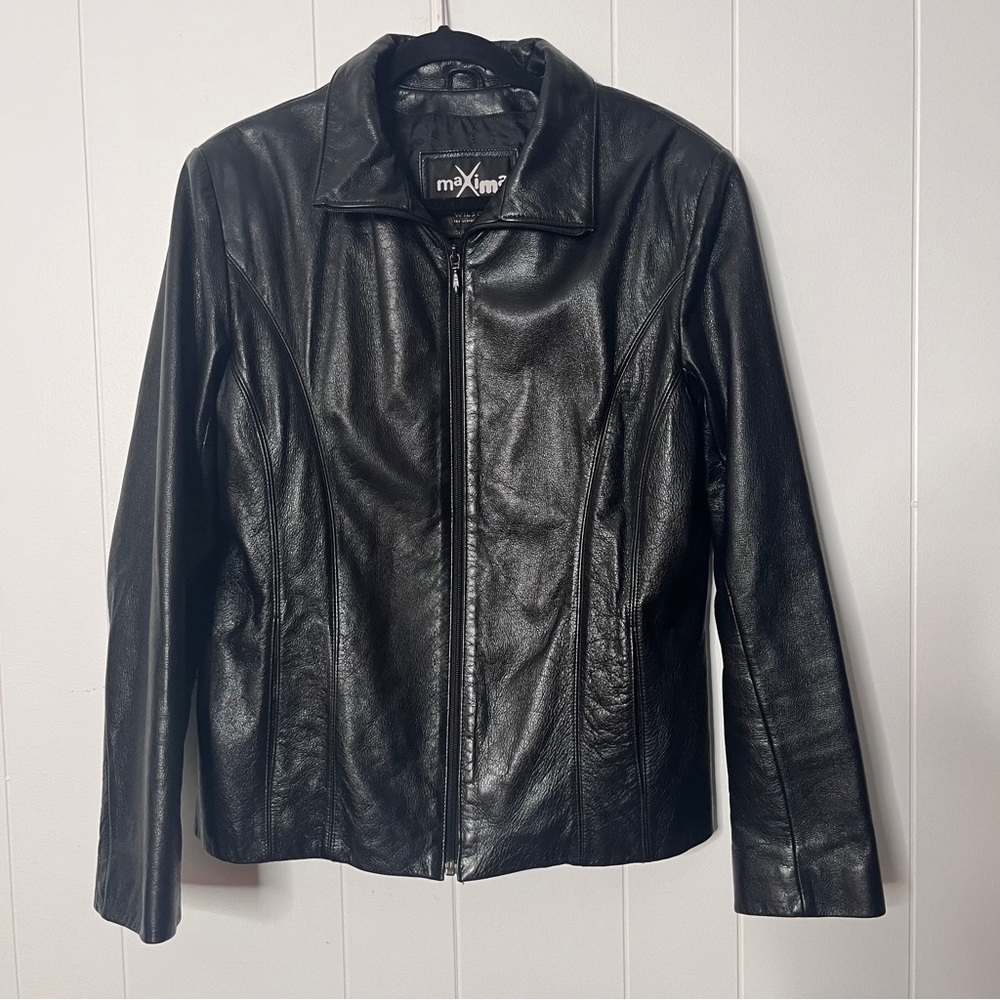 Maxima Wilsons Leather Women's Black Leather Jacket Fitted Zip Front Size L